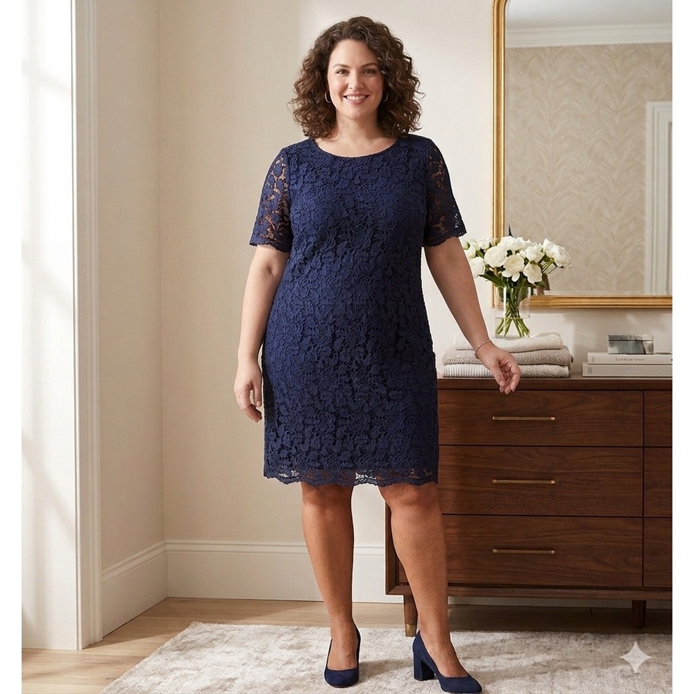 Sandra Darren Lace Shift Dress Womens 18W Navy Blue Short Sleeve Floral Overlay